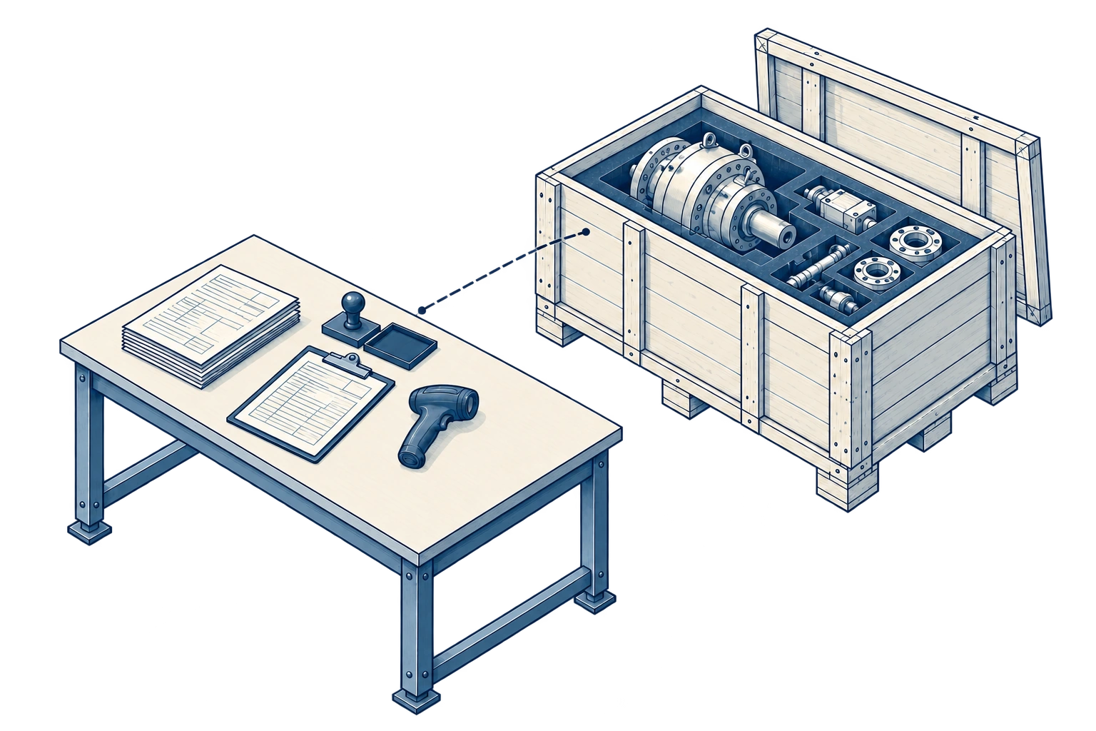 Technical illustration of shipment documents and cargo inspection