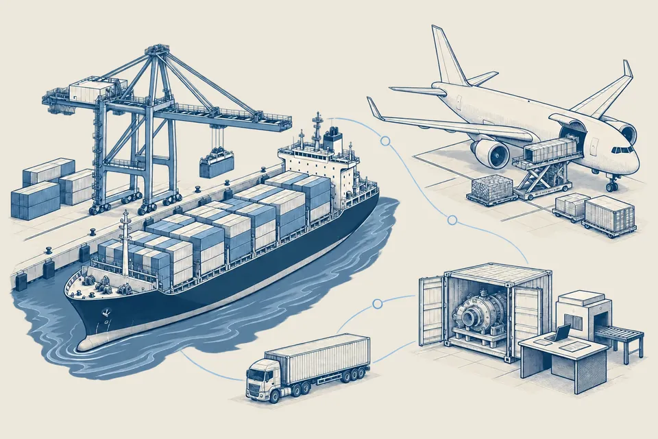 Technical overview of sea freight, air freight, customs and road freight in distinct settings